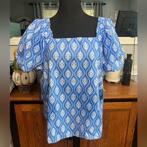CeCe Blue and White Puff Sleeve Blouse